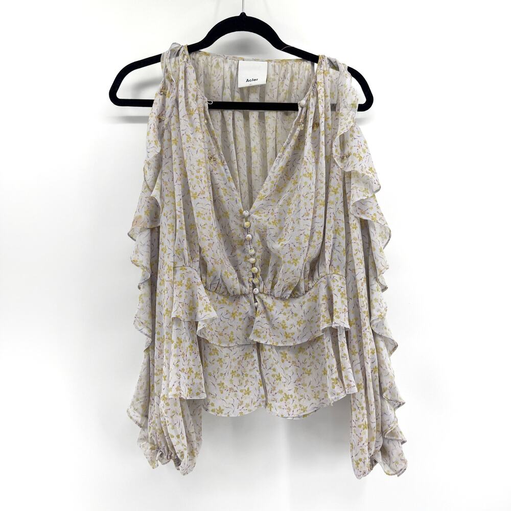 Acler Floral Chiffon Cold Shoulder Ruffle Blouse AU 10 US 6 Yellow Purple